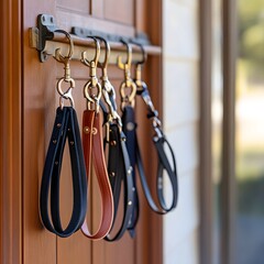 Collection of various leather keychains and metal hooks hanging on a wooden wall, used for lifestyle organization and accessory storage.