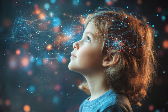 Child Brain Activity look up at digital visualization sphere hologram. Virtual reality connection, kid looking thoughtful, digital kids brain network concept in a futuristic style. Machine learning