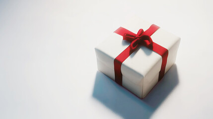 Obraz premium White gift box adorned with a red ribbon and bow, perfect for gifting on occasions like Valentine's Day, symbolizing love and care.
