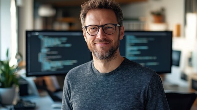 A portrait of a confident European male software developer in a modern office setting, showcasing his cheerful demeanor and expertise in technology.