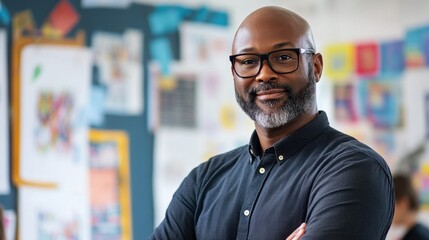 Portrait of a confident middle-aged Black male teacher standing in a vibrant classroom, promoting an engaging learning environment for students through creativity and support.