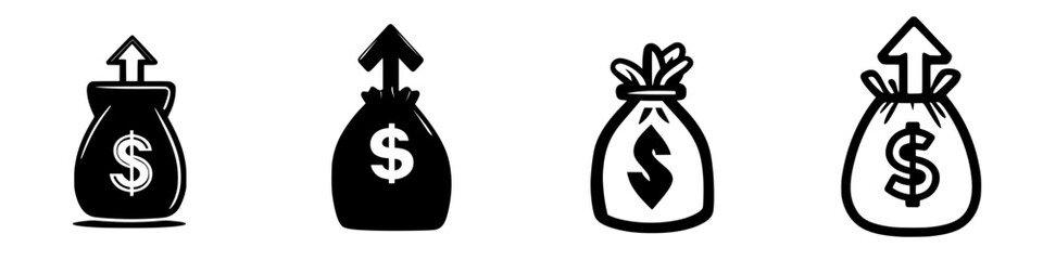 Symbols of financial growth represented by diverse money bag icons with upward arrows