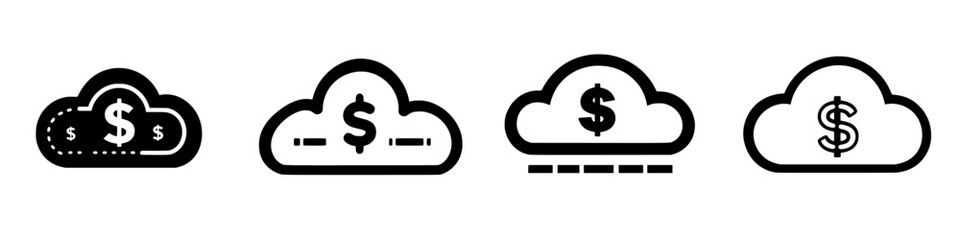 Different cloud symbols representing financial transactions and digital payments with dollar signs