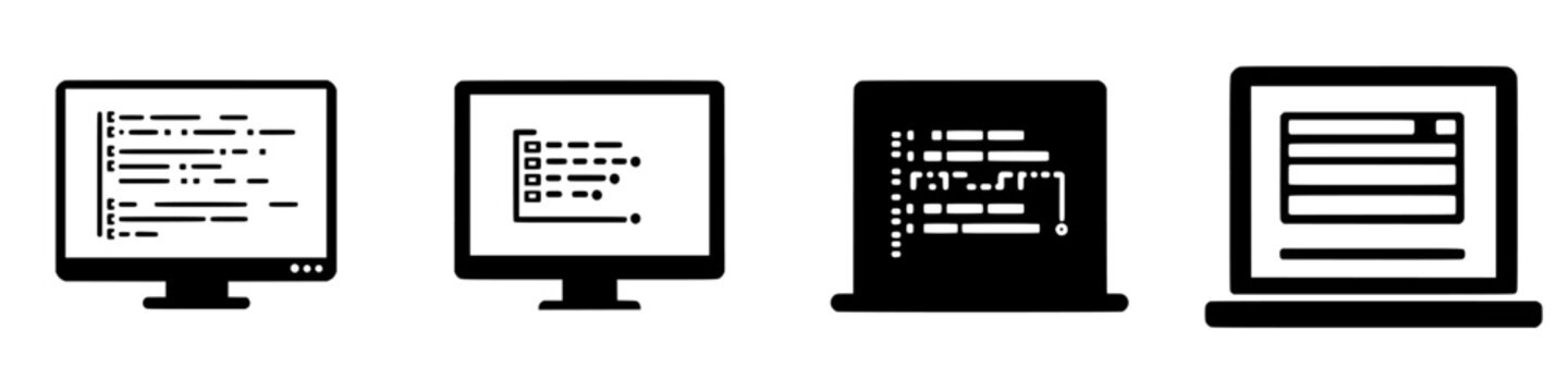 Collection of vector illustrations showcasing different computer monitors displaying coding interfaces in a minimalist style