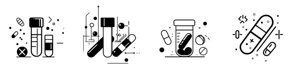Modern health and science illustrations showcasing various medical capsules and laboratory elements in a minimalistic design style