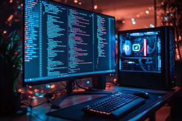 Programming room, computer set up in modern work from home corner, software coding on screen, remote work, coding in neon light in background