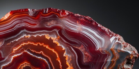 Closeup of a polished Carnelian red agate texture on a black background panorama copy space.