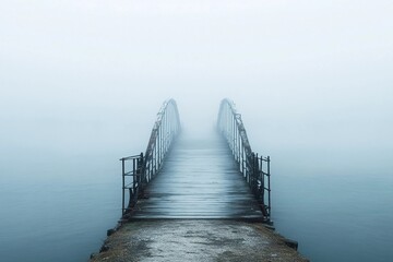 Obraz premium Misty wooden bridge leads to a lonely tree on a rocky island during early morning fog