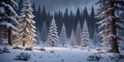 Snowy forest of frosted fir trees with twinkling lights and festive garlands, natural landscape, magical ambiance, frosty scenery