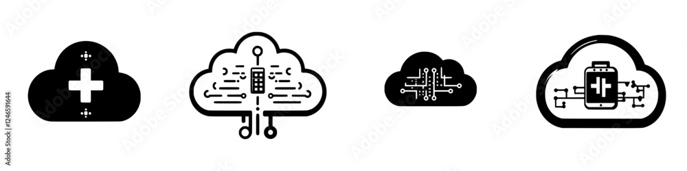 Poster icons representing cloud computing and digital technology connected to data management and health se