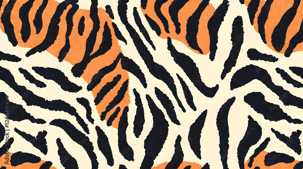 Poster bold tiger stripe pattern in vibrant orange and black on a light background creating a striking desi