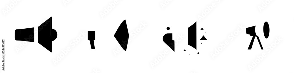 Poster background icons representing different audio devices in a minimalistic black circle design on a whi