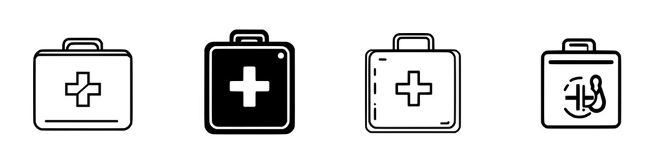 First aid kit icons representing health and safety in various styles with simple designs