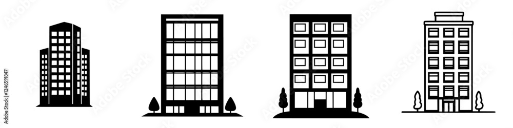 Poster collection of abstract building silhouettes showcasing modern architecture styles in a minimalist de