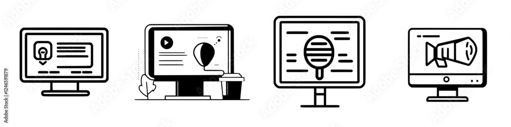 Poster exploring various screens displaying digital content and interface designs in a modern workspace env