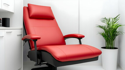 Red treatment chair with plant in a bright room, for medical practices. Healthcare advertisement