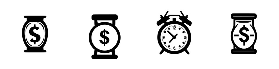 Symbols representing time and money with hourglass and clock designs in black and white