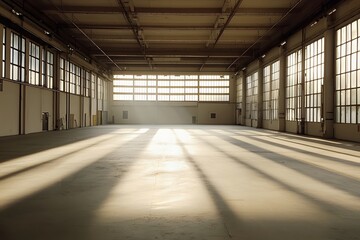 Sunlit Industrial Space: Expansive industrial warehouse interior bathed in the warm glow of sunlight streaming through large windows, creating long shadows across the polished concrete floor.