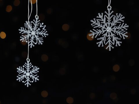 Snowflake-shaped decorations against a backdrop of dark Christmas lights, holiday ambiance, wintery atmosphere, twinkling lights