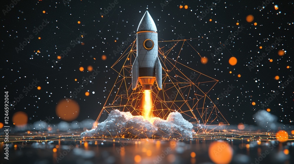 Aufkleber futuristic rocket launching in a dynamic triangular design with abstract background and glowing elem