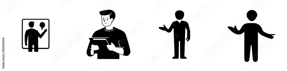 Poster people interacting with digital devices and engaging in conversation during a modern meeting setting