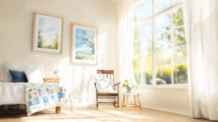 Obraz premium bright and airy room with large windows, featuring bed, rocking chair, and artwork. sunlight creates warm atmosphere