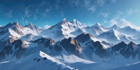 Fototapeta premium Snowflake-covered mountains on an abstract blue background, background, serene sky, soft