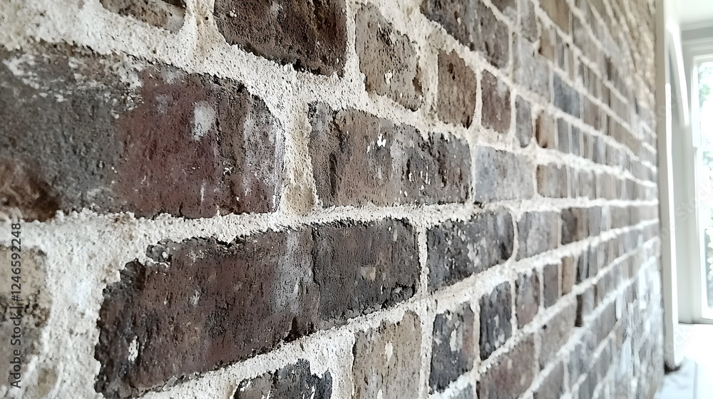 Aufkleber rustic brick wall with textured surface in natural light, showcasing varying tones and patterns.