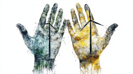 Abstract Green And Gold Hands With Embedded Wind Turbines