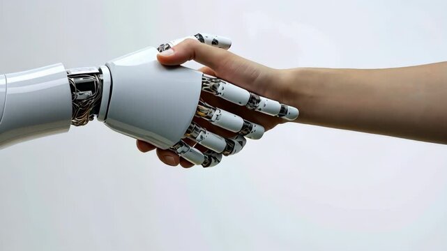 A robot hand is shaking a human hand