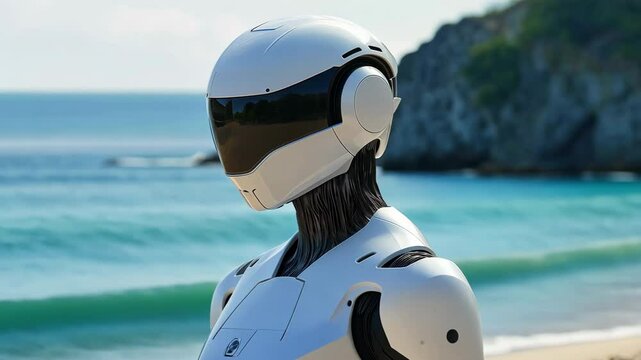 A robot is standing on a beach with the ocean in the background
