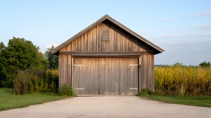 Obraz premium Rustic wooden garage in a field under a partly cloudy sky. Possible use Stock photo for agriculture, rural lifestyle, or construction