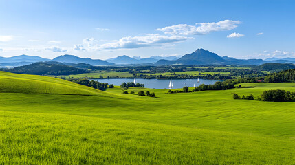 Sailboats glide on a serene lake surrounded by rolling green hills beneath mountains against a clear blue sky. Scenic landscape use
