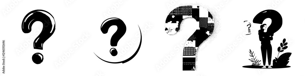 Poster various artistic representations of question marks symbolizing curiosity and inquiry in different st