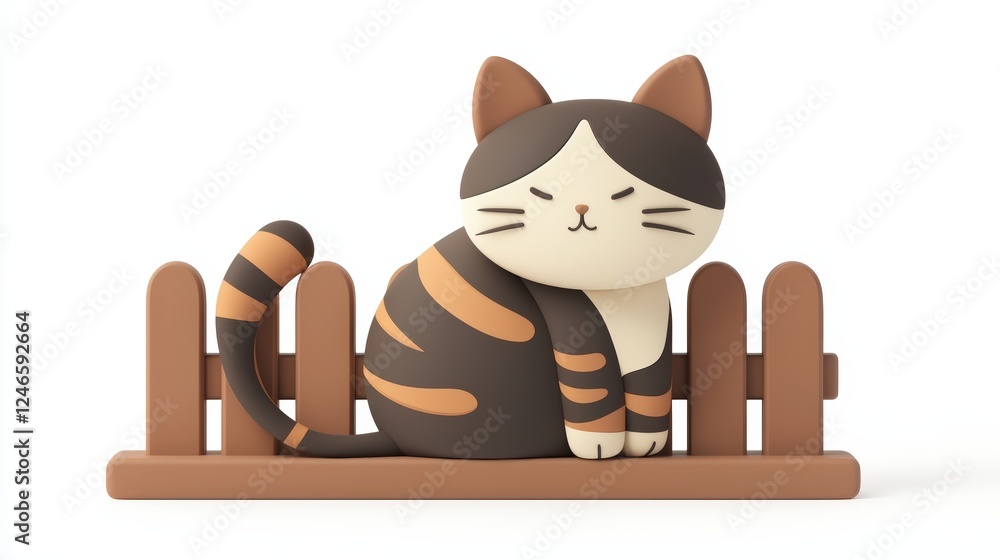 Poster cartoon cat sitting on a fence in 3d design with playful expressions and charming colors