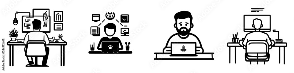 Aufkleber working professionals engaged in remote tasks at desks with technology and important documents in a 
