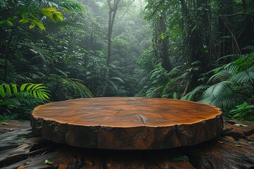 Wooden podium in tropical forest for product presentation