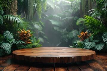 Wooden podium in tropical forest for product presentation