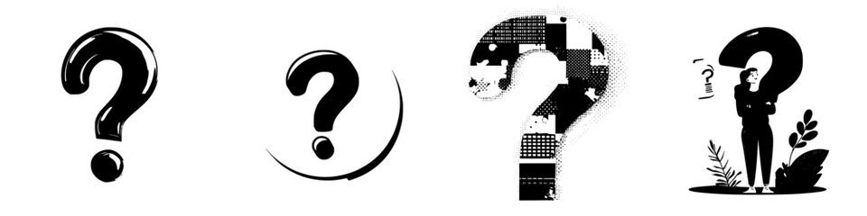 Various artistic representations of question marks symbolizing curiosity and inquiry in different styles and designs