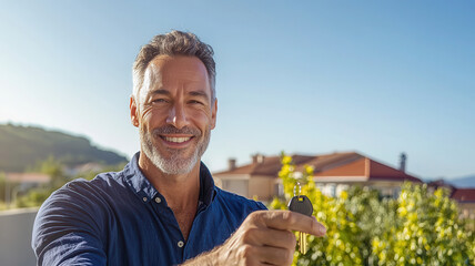Fototapeta premium Smiling man holding keys, standing outdoors with sunny background, showcasing happiness and success in real estate