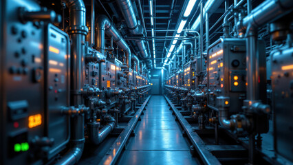 Obraz premium Industrial equipment in a factory setting, illuminated by blue lights.