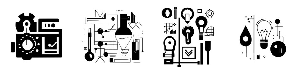 Fototapeta premium Various black and white illustrations of scientific tools and processes in a modern design style
