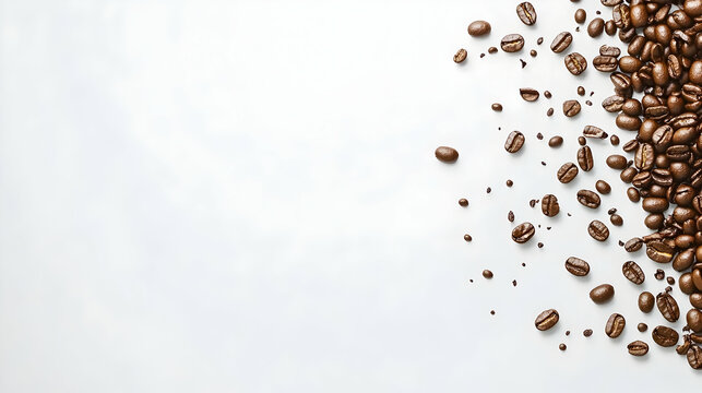 Scattered coffee beans on a white background. Ideal for a coffee shop menu or advertisement