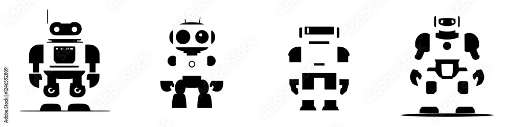 Poster unique collection of four robot designs showcasing different styles and features in a minimalist for