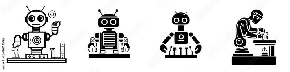 Poster robots engaged in various activities illustrating automation and technology advancements