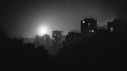 Fototapeta premium City skyline at night, illuminated buildings, foggy urban scene, suitable for posters or prints