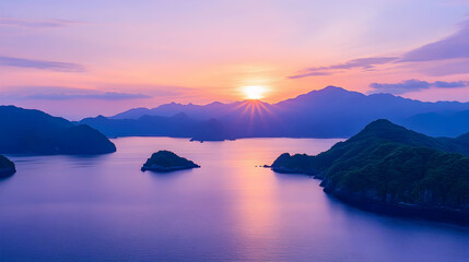 Obraz premium Scenic sunset over tranquil islands. Aerial view of idyllic bay. Possible use Travel brochure, wallpaper, background image