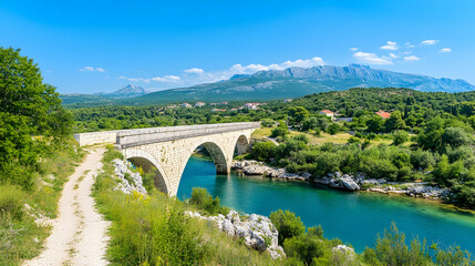 Scenic Stone Arch Bridge Over Turquoise River with Mountains in Background. Possible Use Stock Photo