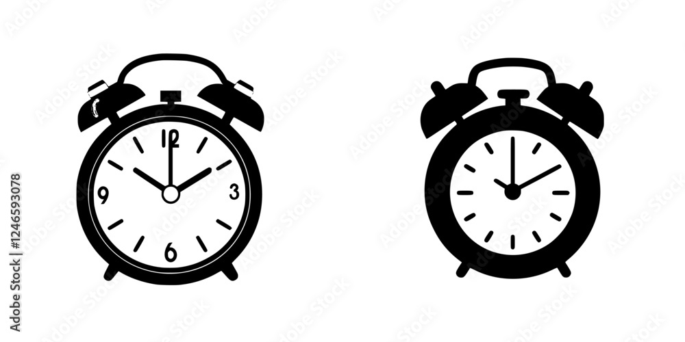 Poster two classic alarm clocks are shown side by side with different designs and times highlighted in a si