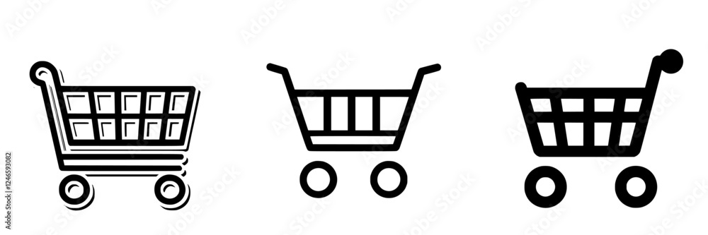 Poster different styles of shopping cart icons including minimalistic and bold designs for digital applicat